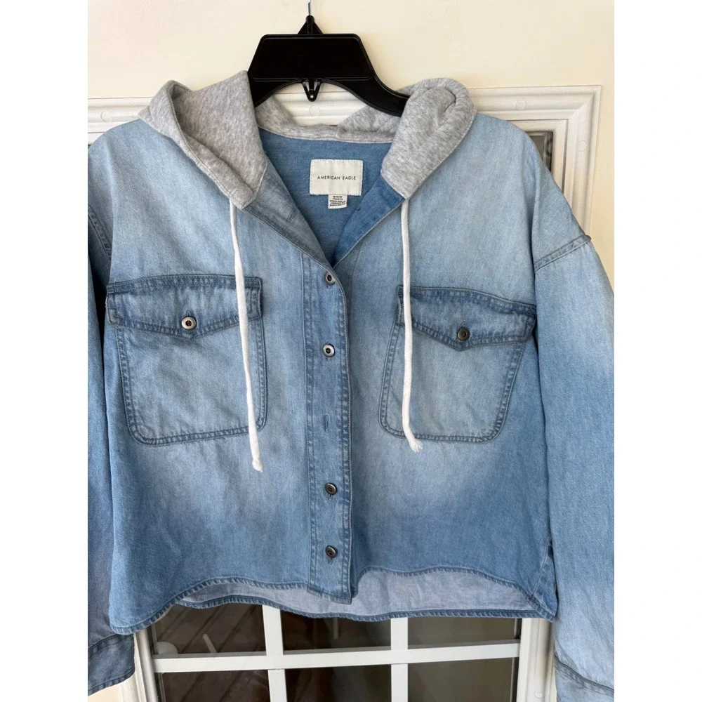 American Eagle Hooded Crop med Denim Jean Top Shirt Sweatshirt Sleeves Womens L